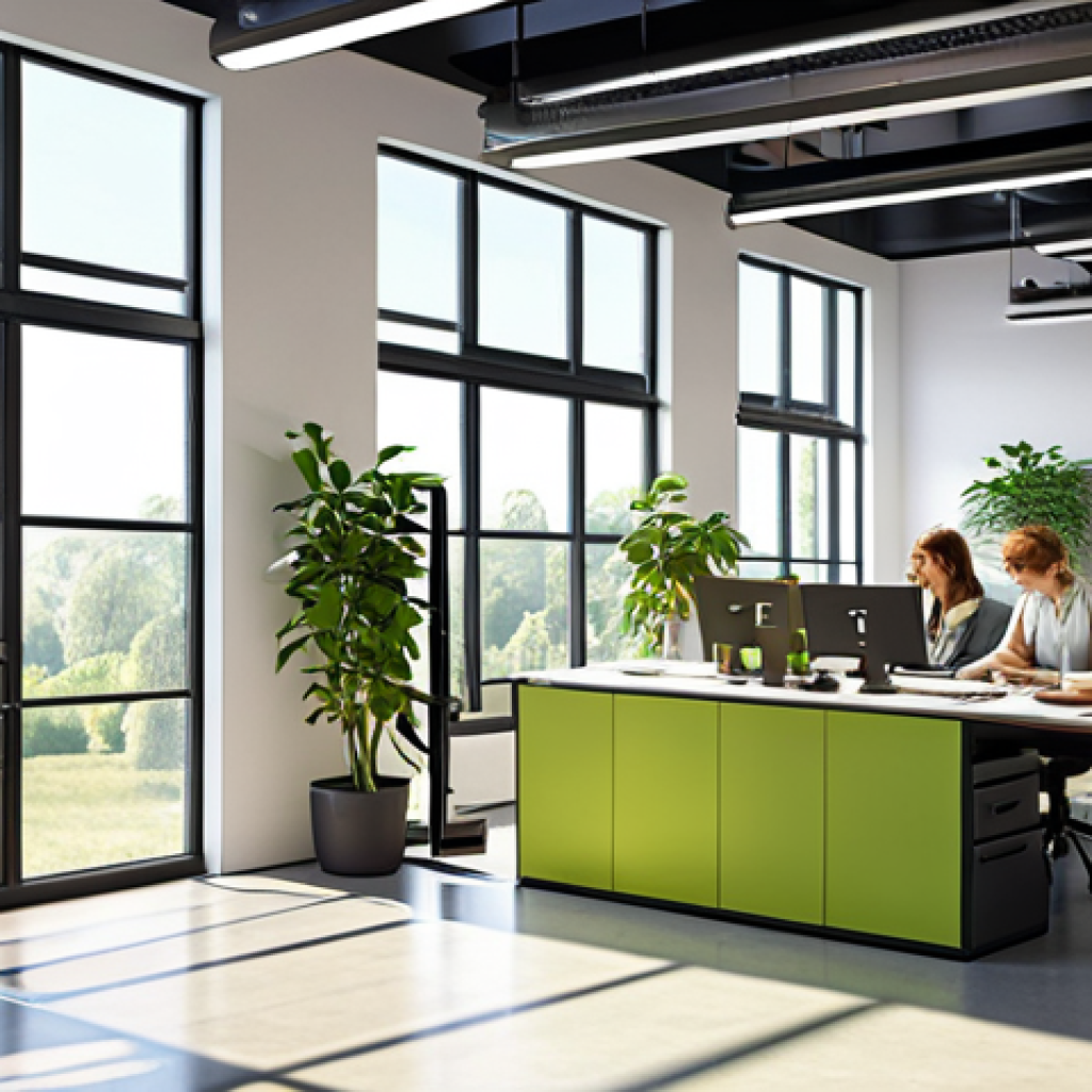 **

A modern office setting with solar panels visible outside the window. Employees are collaborating in a bright, open space. The scene emphasizes sustainability, with recycling bins and plants incorporated into the design. The overall tone is positive and forward-thinking, representing an ethical and profitable business.

**