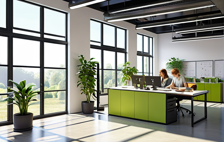 **

A modern office setting with solar panels visible outside the window. Employees are collaborating in a bright, open space. The scene emphasizes sustainability, with recycling bins and plants incorporated into the design. The overall tone is positive and forward-thinking, representing an ethical and profitable business.

**