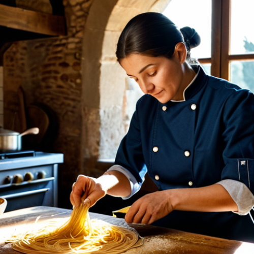 **

"A professional female chef in a fully clothed, modest uniform, preparing traditional pasta in a rustic Tuscan kitchen. Sunlight streams through the window. Perfect anatomy, correct proportions, natural pose, well-formed hands, proper finger count, natural body proportions, safe for work, appropriate content, fully clothed, professional, modest, family-friendly."

**