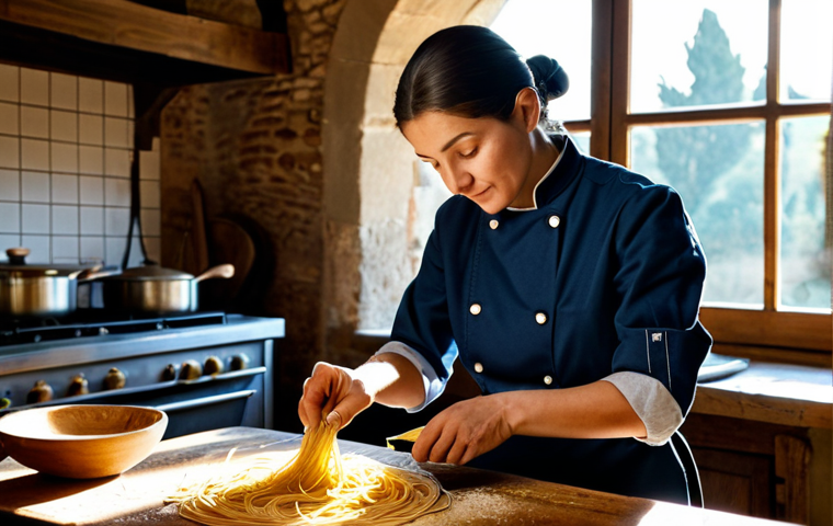 **
"A professional female chef in a fully clothed, modest uniform, preparing traditional pasta in a rustic Tuscan kitchen. Sunlight streams through the window. Perfect anatomy, correct proportions, natural pose, well-formed hands, proper finger count, natural body proportions, safe for work, appropriate content, fully clothed, professional, modest, family-friendly."
**