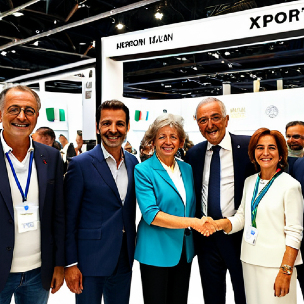 Italian Export Consortium**
"A bright, modern photo showcasing a group of Italian business owners (men and women, diverse ages), shaking hands and smiling at a trade show in Milan. The background features booths displaying "Made in Italy" products like artisanal food, fashion items, and handcrafted furniture. Emphasis on collaboration and success. Fully clothed in professional business attire. Safe for work. Appropriate content. Professional. Perfect anatomy. Correct proportions. High resolution. Well-lit. Celebrating Italian enterprise."
**