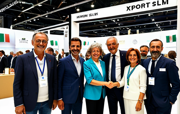 Italian Export Consortium**
"A bright, modern photo showcasing a group of Italian business owners (men and women, diverse ages), shaking hands and smiling at a trade show in Milan. The background features booths displaying "Made in Italy" products like artisanal food, fashion items, and handcrafted furniture. Emphasis on collaboration and success. Fully clothed in professional business attire. Safe for work. Appropriate content. Professional. Perfect anatomy. Correct proportions. High resolution. Well-lit. Celebrating Italian enterprise."
**