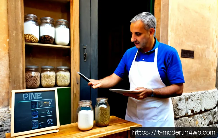 지속 가능한 비즈니스 모델의 리스크 관리 - Photorealistic Italian small business risk management scene, a confident middle-aged café owner in a...